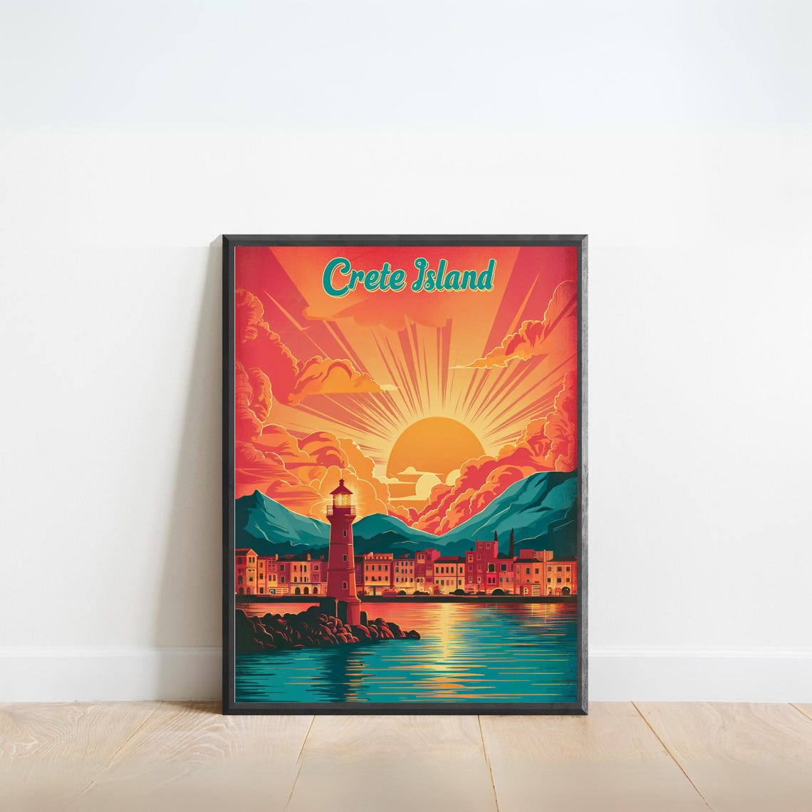 Crete Island Lighthouse Harbor Fiery Sunset Greece Travel Poster