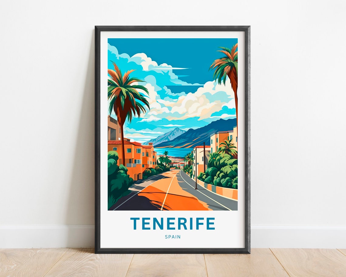 Tenerife Spain Palm Road Beach Mountain Coast View Travel Poster