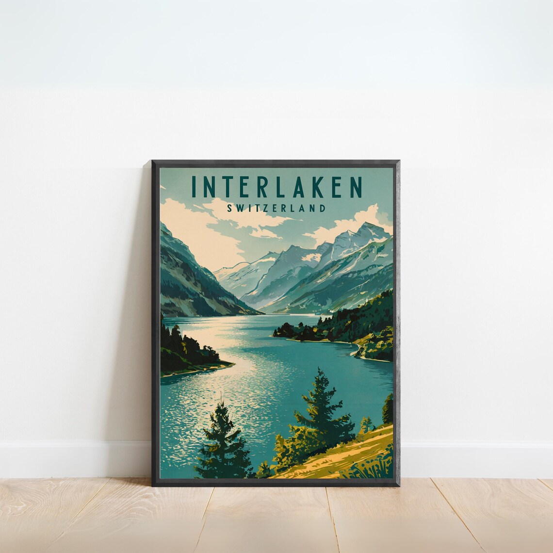 Interlaken Switzerland Alpine Lake Peaks Panoramic Travel Poster