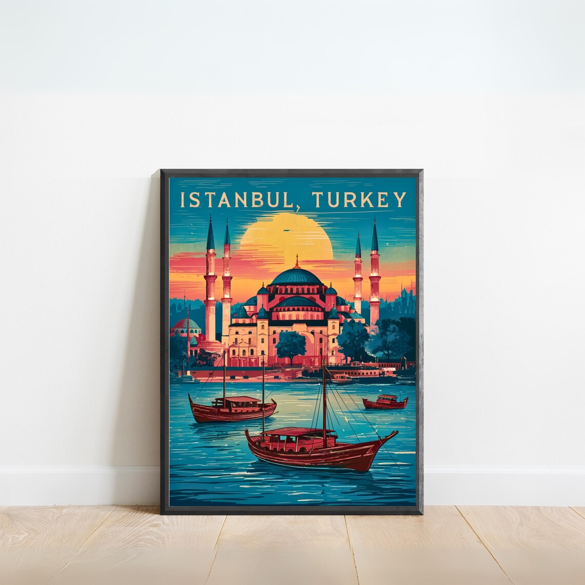Istanbul Turkey Vintage Sunset Mosque Retro Style Travel Poster