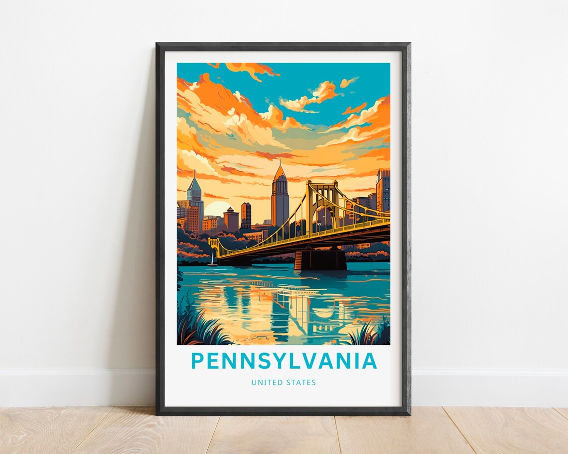 Pennsylvania United States Yellow Bridge Sunset River Travel Poster