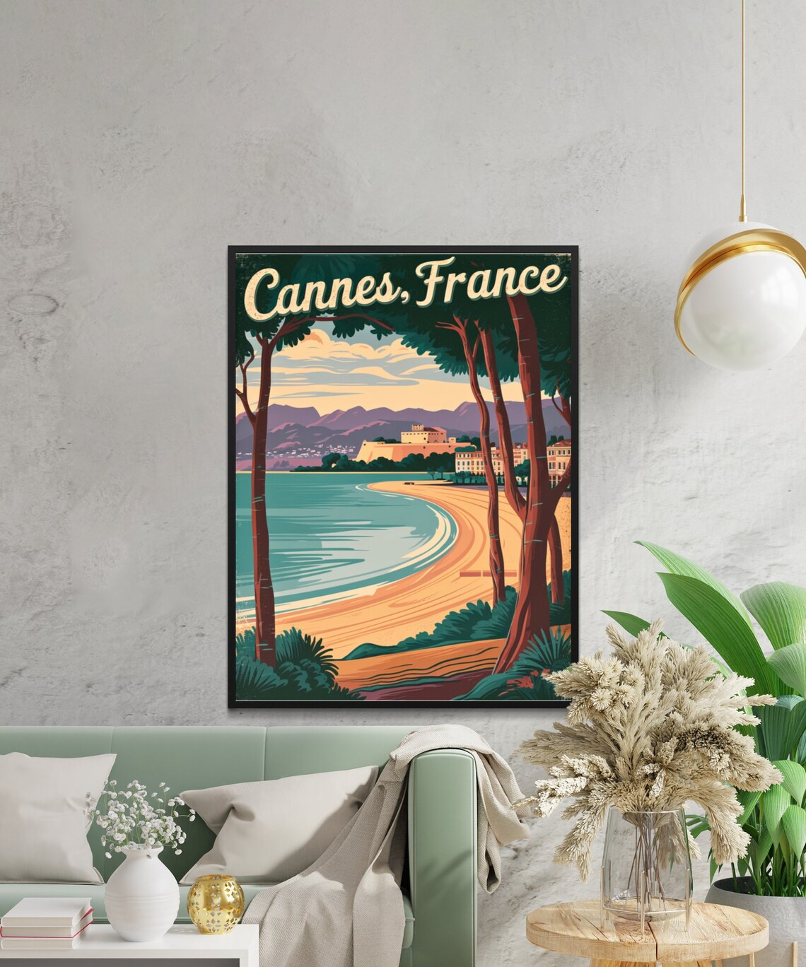 Cannes France Vintage Curved Beach Pine Trees French Riviera Poster - Image 2