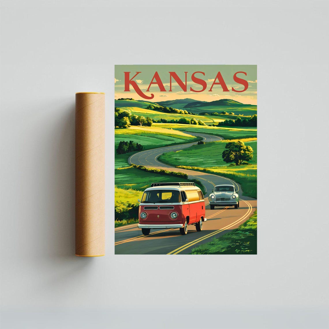 Kansas Road Trip Classic Camper Van Winding Road Vintage Poster - Image 4