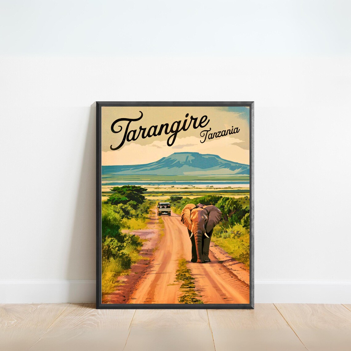 Tarangire Tanzania Safari Elephant Dirt Road Jeep Vintage Poster
