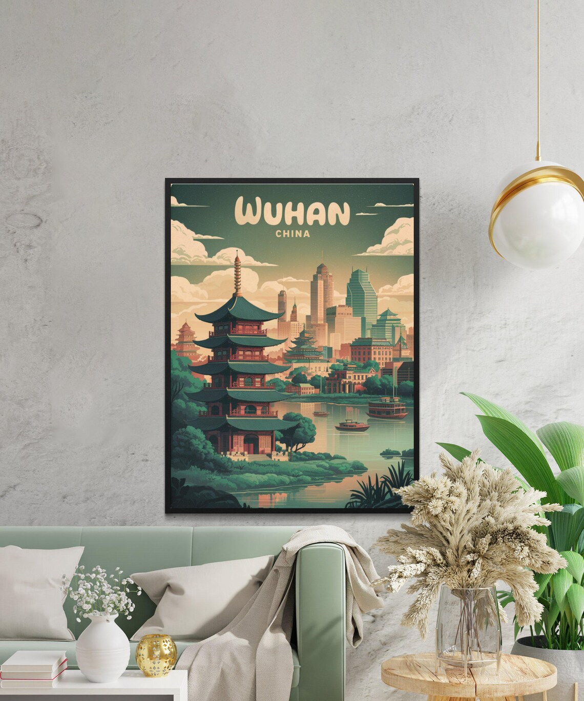 Wuhan China Retro Pagoda Skyline River Boats Vintage Art Poster - Image 3
