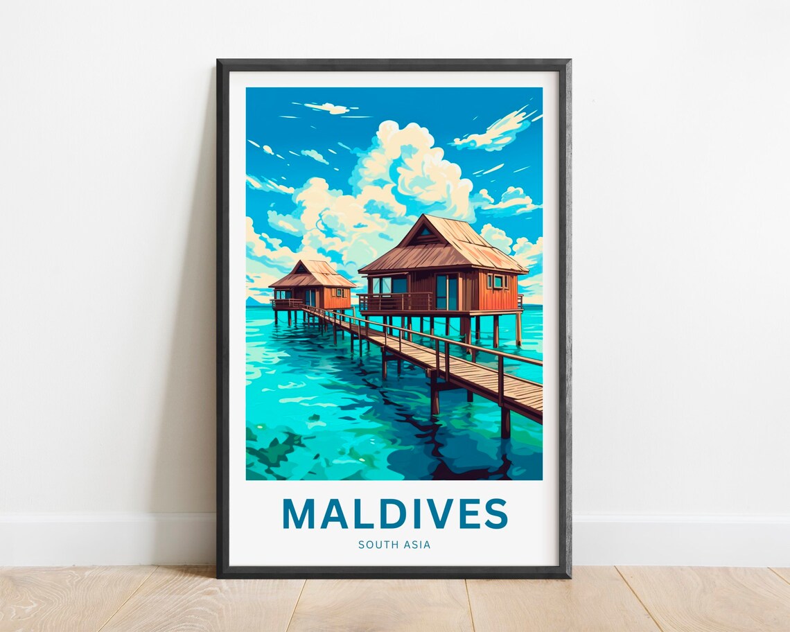 Maldives Boardwalk Overwater Villas Turquoise Sea Travel Poster