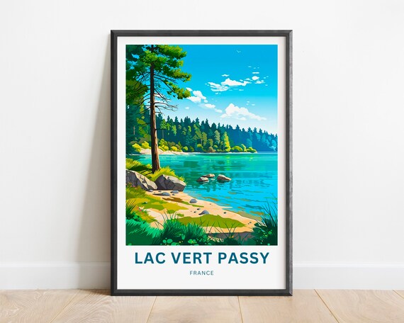 Lac Vert Passy France Travel Poster Emerald Lake Pine Forest Art
