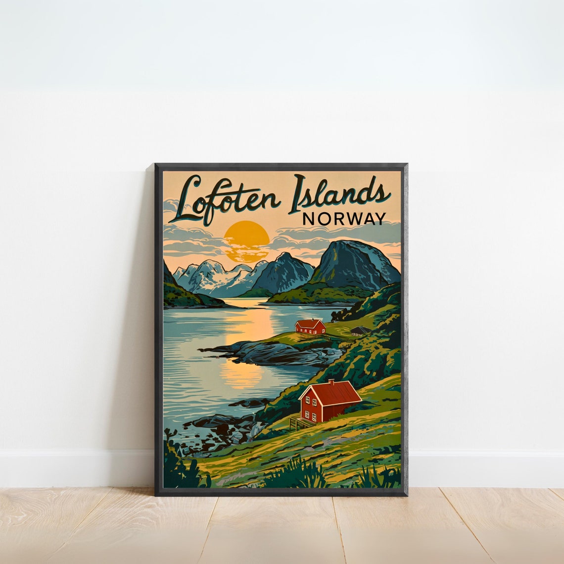 Lofoten Islands Norway Vintage Travel Poster Sunset Mountain View
