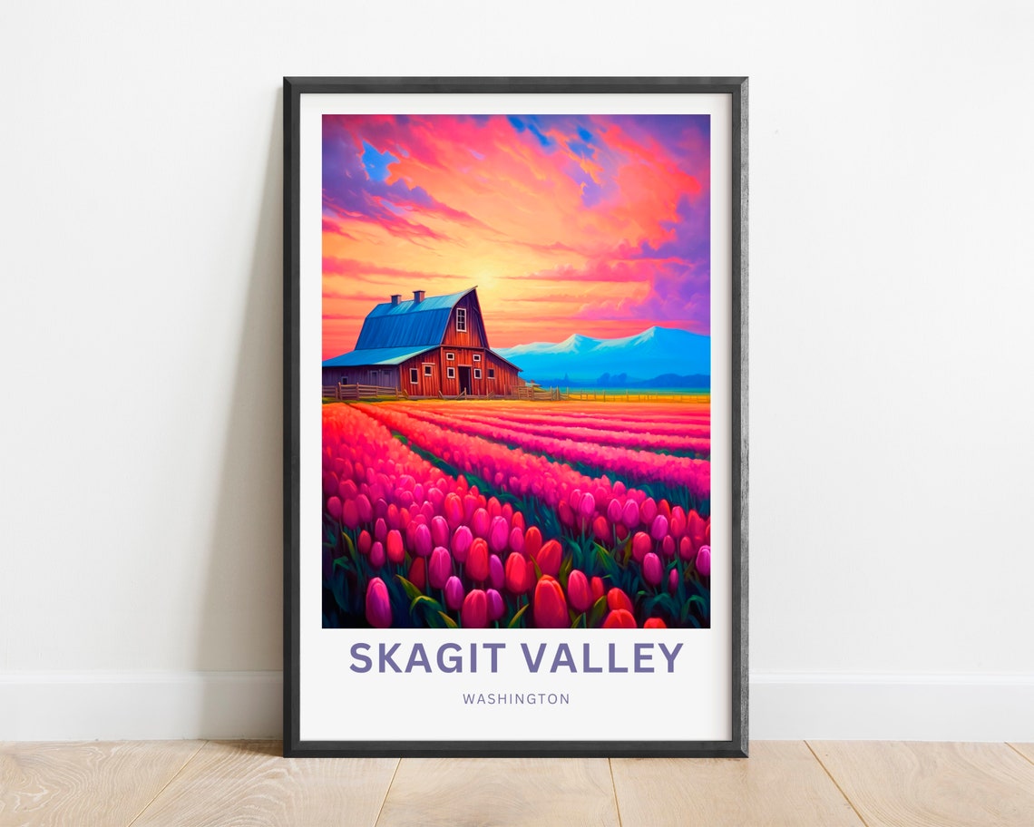 Skagit Valley Washington Tulip Barn Sunset Travel Art Poster