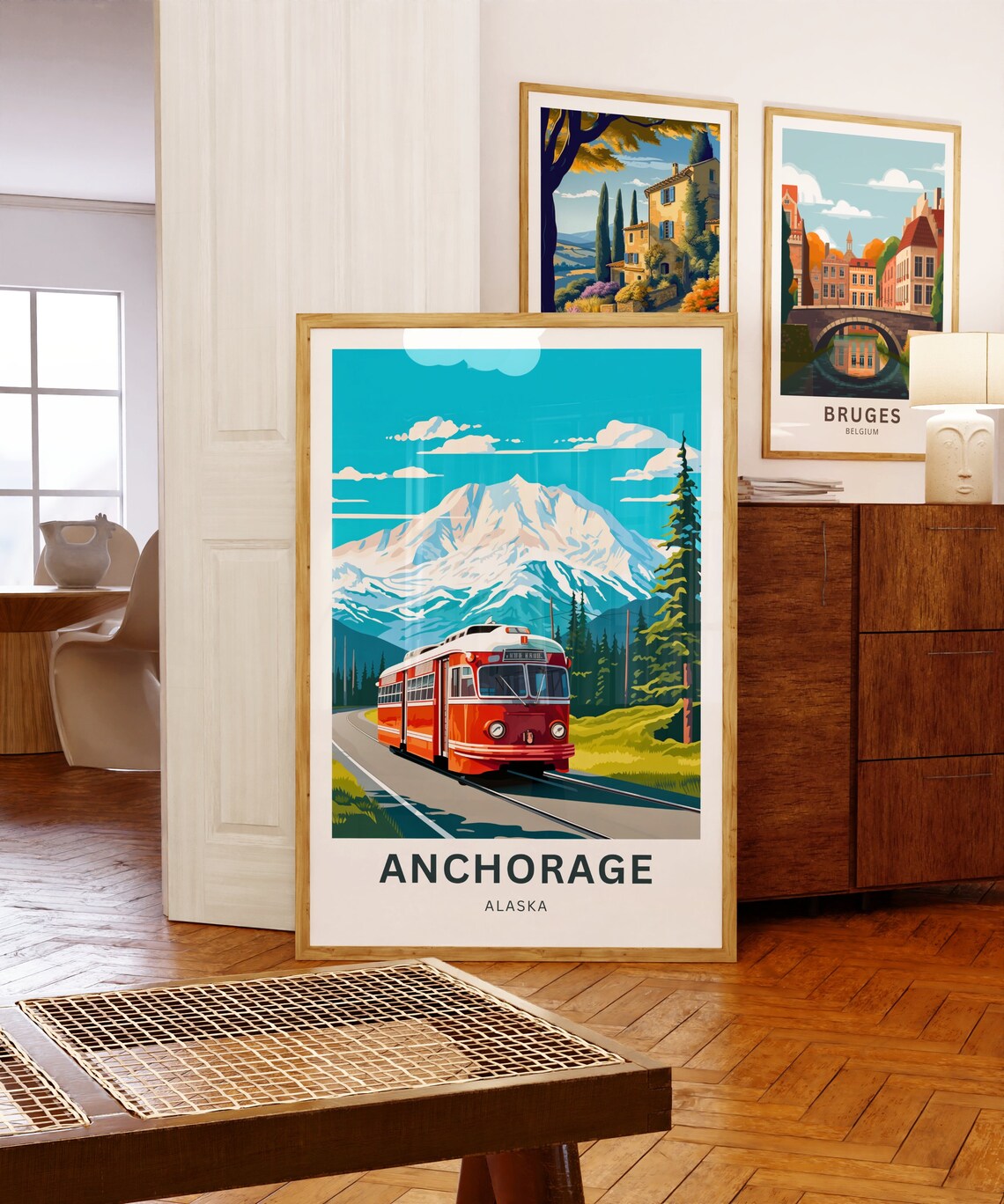 Anchorage Alaska Red Trolley Snow Mountain Vintage Travel Poster - Image 5