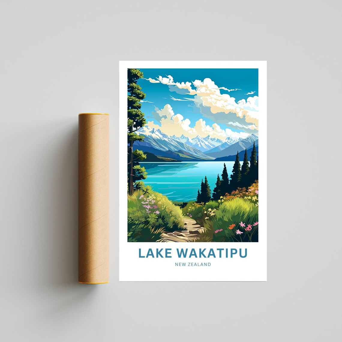 Lake Wakatipu New Zealand Hiking Trail Wildflowers Vintage Poster - Image 4