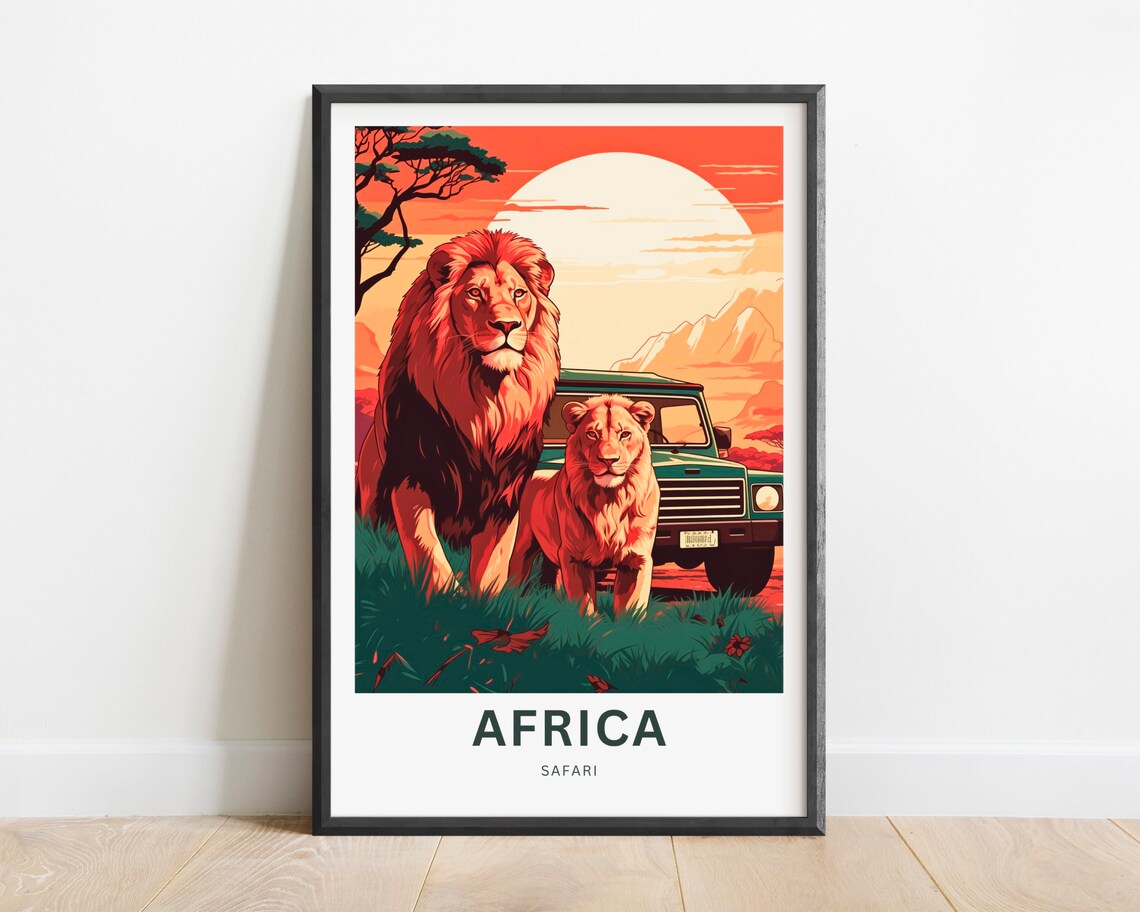 Africa Safari Lion and Lioness with Jeep Sunset Savanna Poster