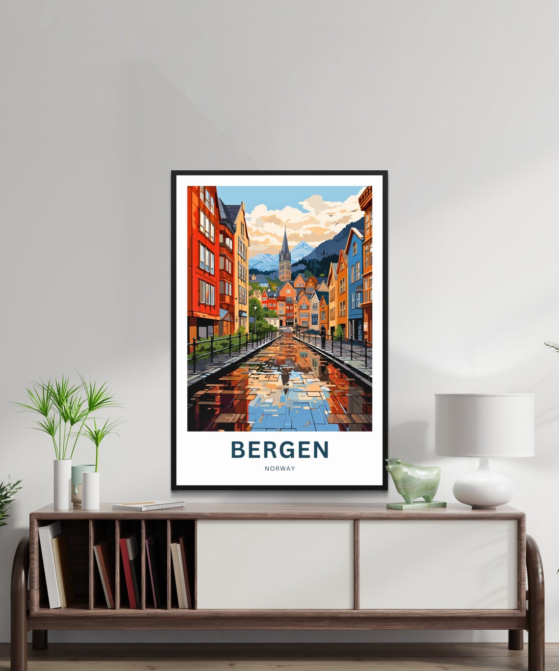 Bergen Norway Old Town Cobblestone Street Rain Reflections Poster - Image 2