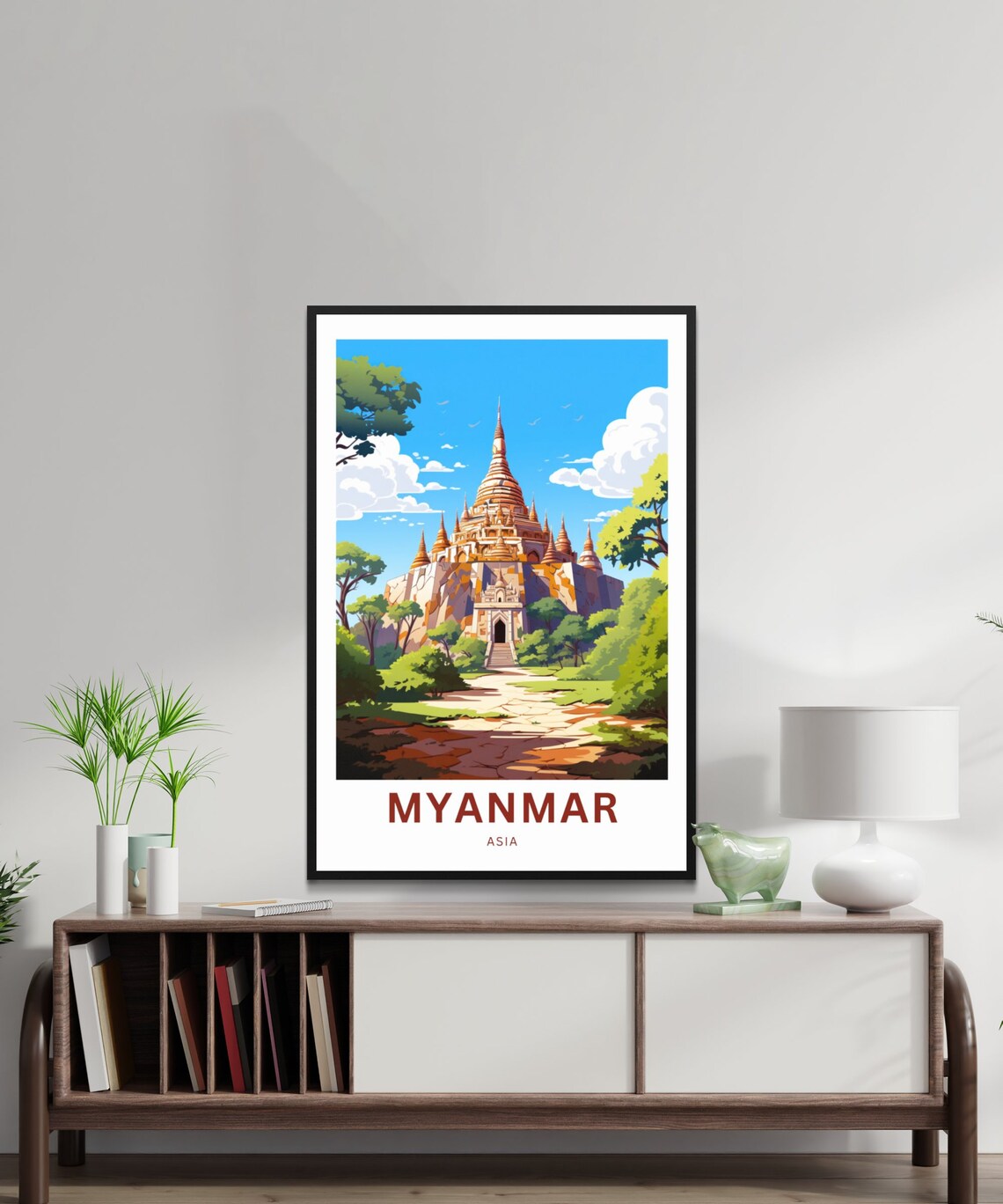 Myanmar Asia Golden Buddhist Temple Among Lush Green Trees Poster - Image 2