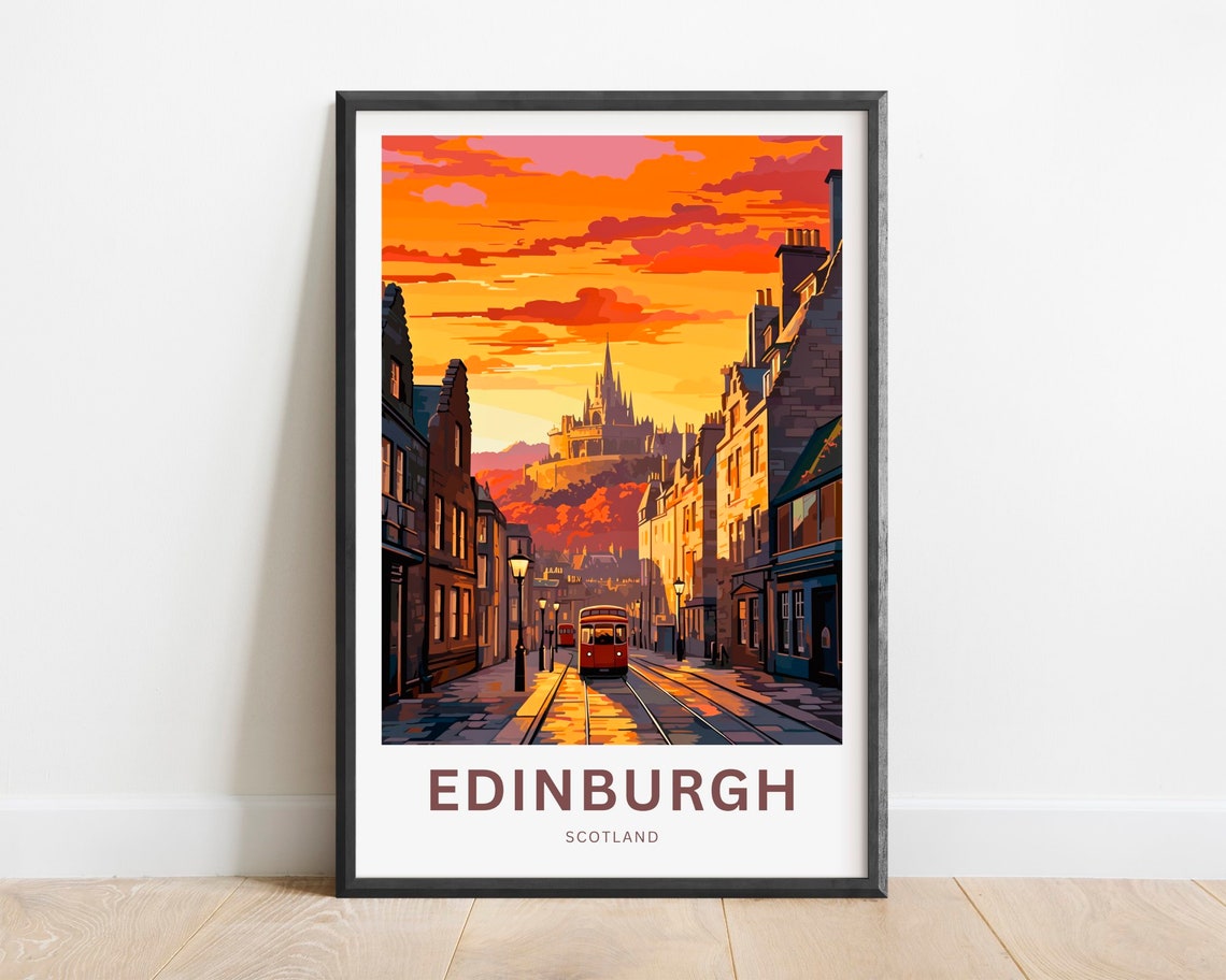Edinburgh Scotland Tram Castle Street Sunset View Travel Poster