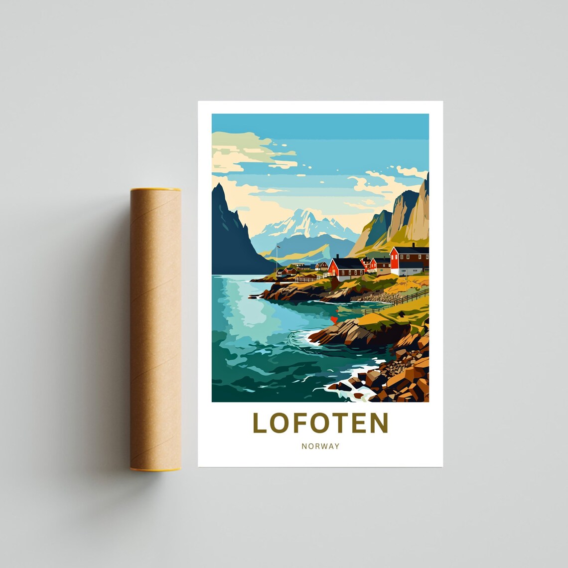 Lofoten Norway Teal Fjord Red Cabins Snow Peaks Personalized Poster - Image 4