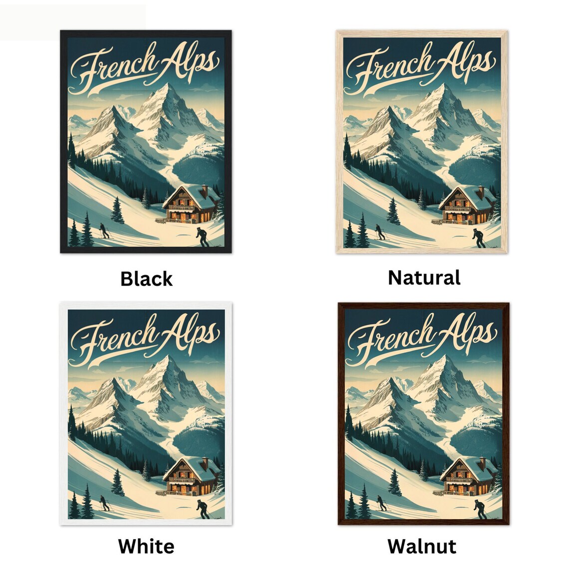 French Alps Vintage Travel Poster with Ski Chalet and Snowcapped Peaks - Image 4