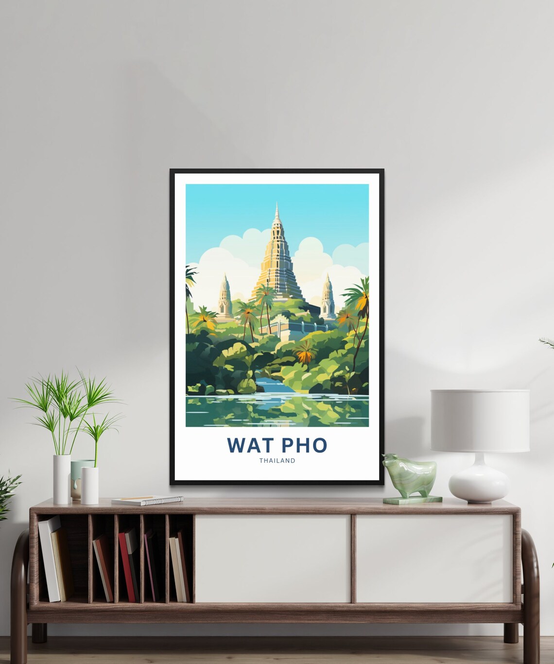 Golden Wat Pho Thailand Temple River Palms Vintage Travel Poster - Image 2