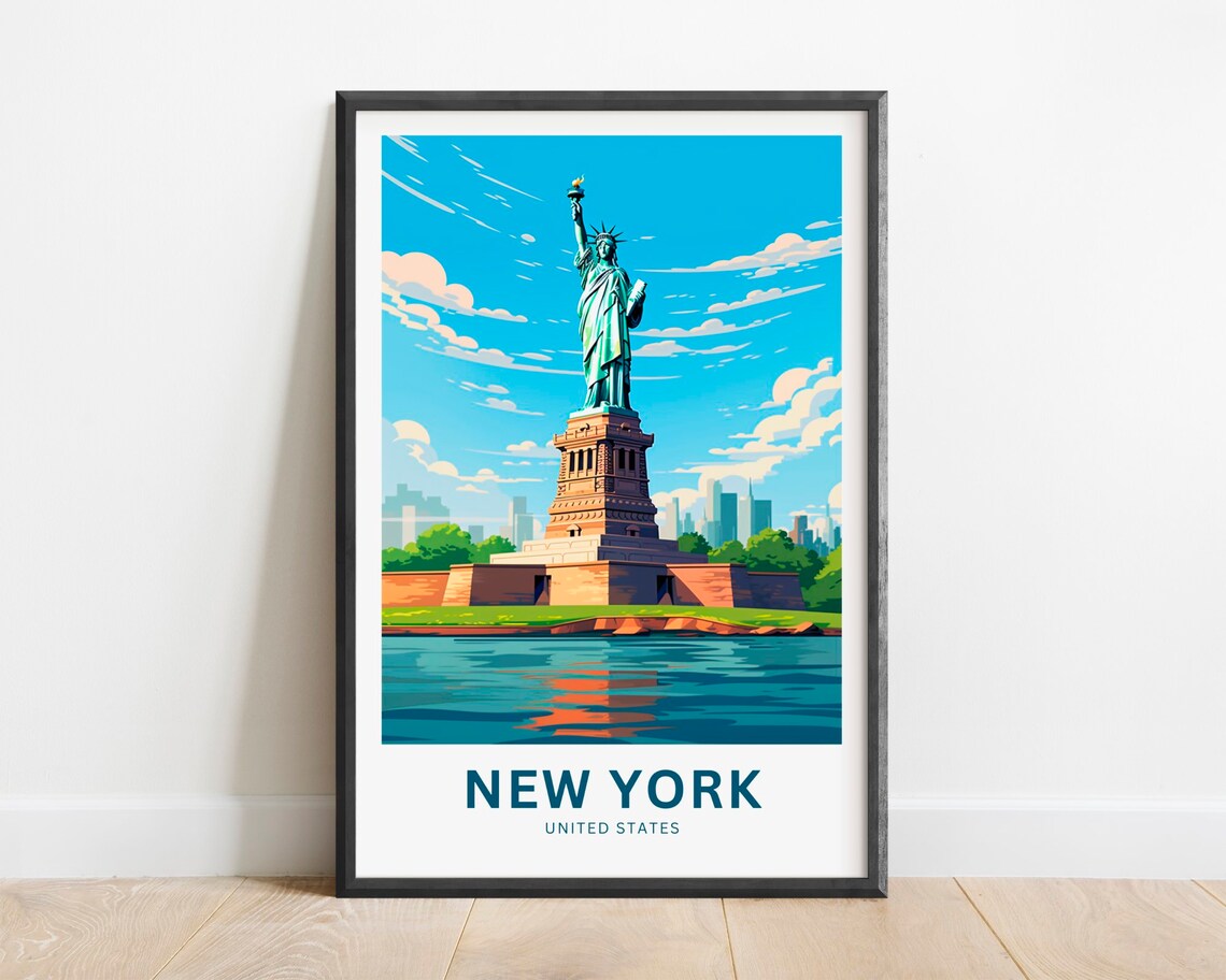 New York Statue of Liberty Harbor Blue Skyline USA Travel Poster