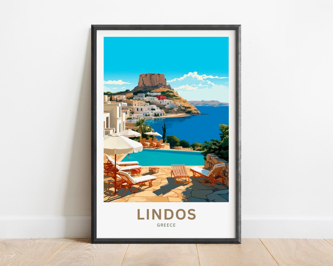 Lindos Greece Poolside Resort Acropolis Rock Scene Travel Poster