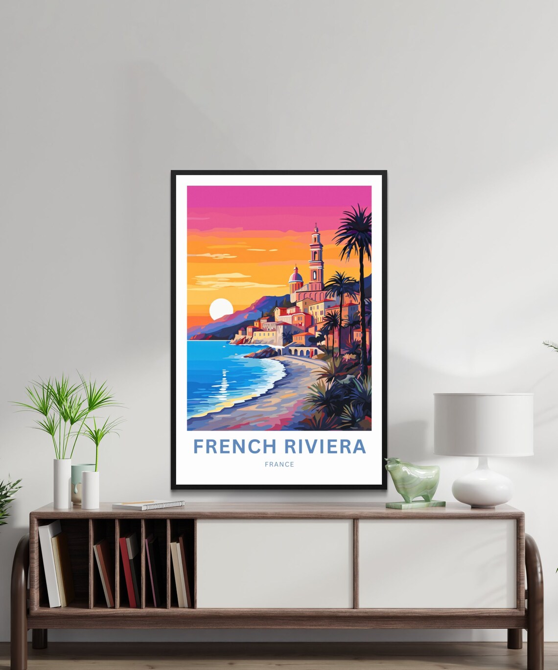 French Riviera France Travel Poster Sunset Coastal Town Palm Beach Art - Image 2