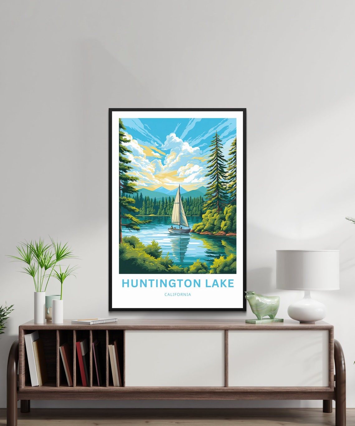 Huntington Lake California Sailboat Pine Shore Cloudy Sky Poster - Image 2