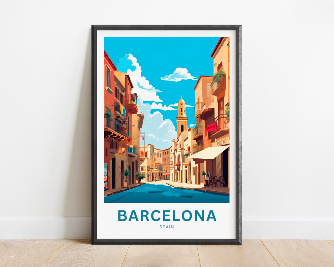 Barcelona Spain Colorful Old Town Street with Church Tower Poster