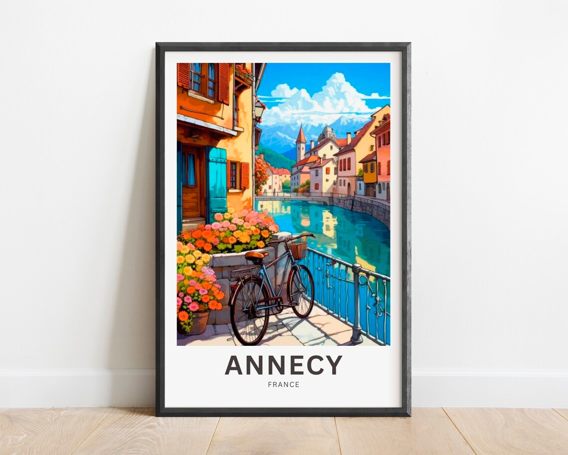 Annecy France Canal Bicycle Flowers Old Town Vintage Travel Poster