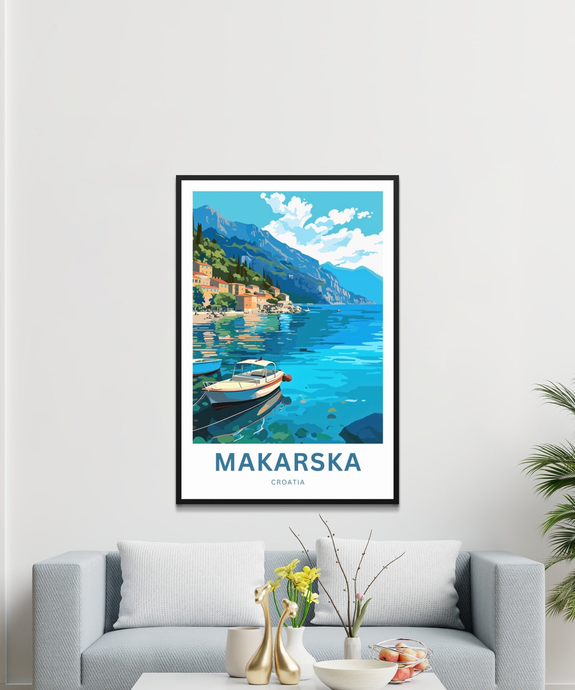 Personalized Makarska Croatia Harbor Boats Mountain View Poster - Image 3