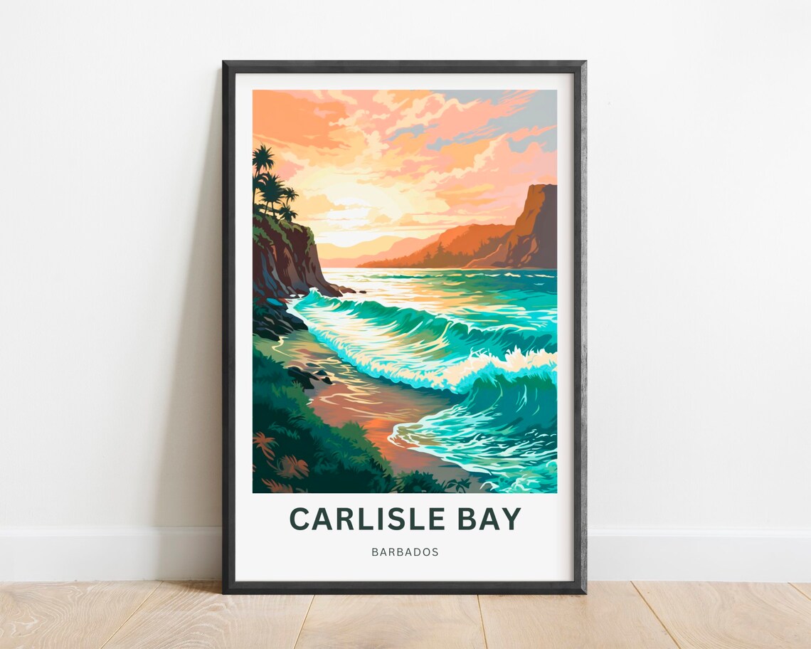 Carlisle Bay Barbados Sunset Beach Waves Coastal Travel Poster