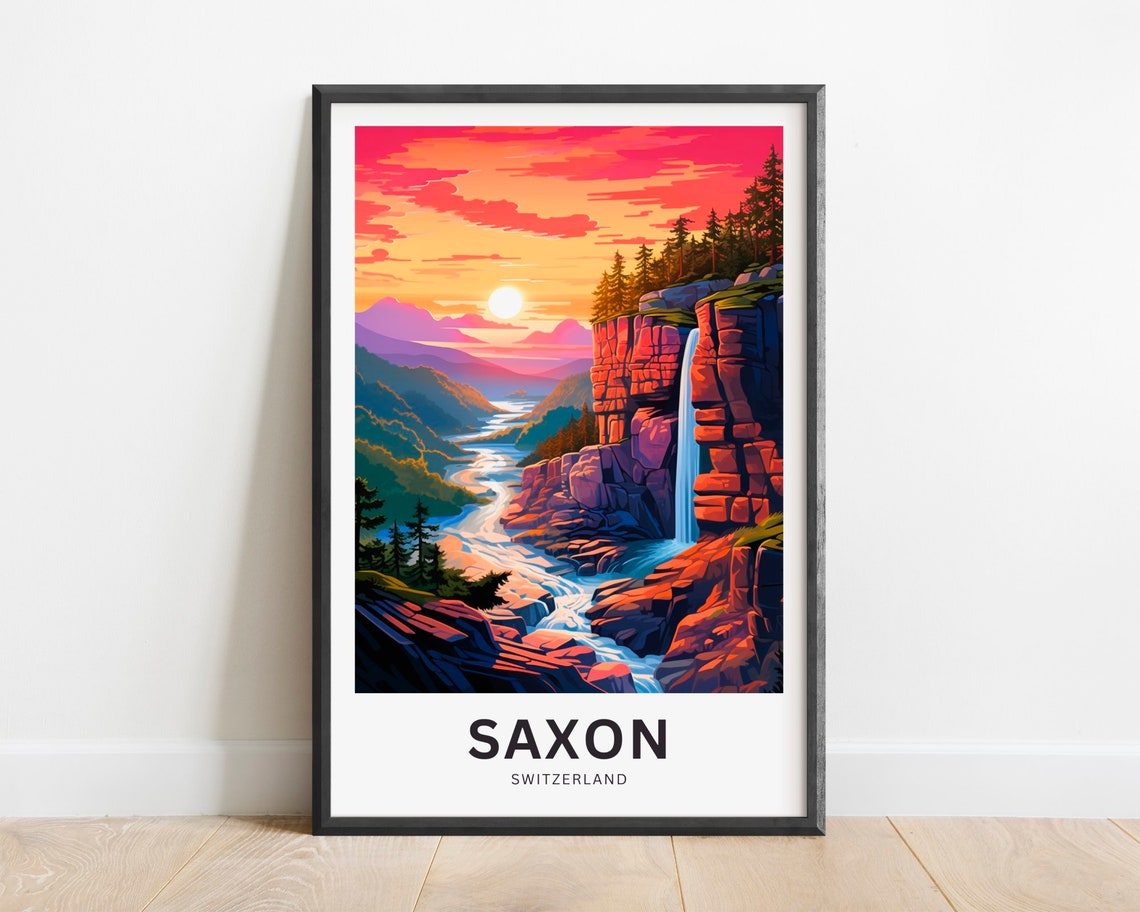 Saxon Switzerland Sunset Waterfall Canyon Red Rocks Travel Poster