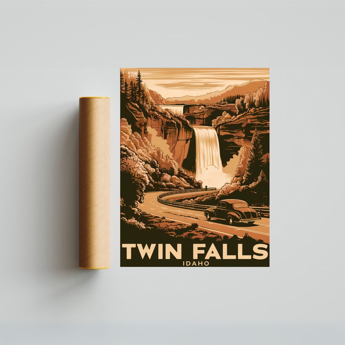 Twin Falls Idaho Sepia Waterfall Classic Car Vintage Travel Poster - Image 4