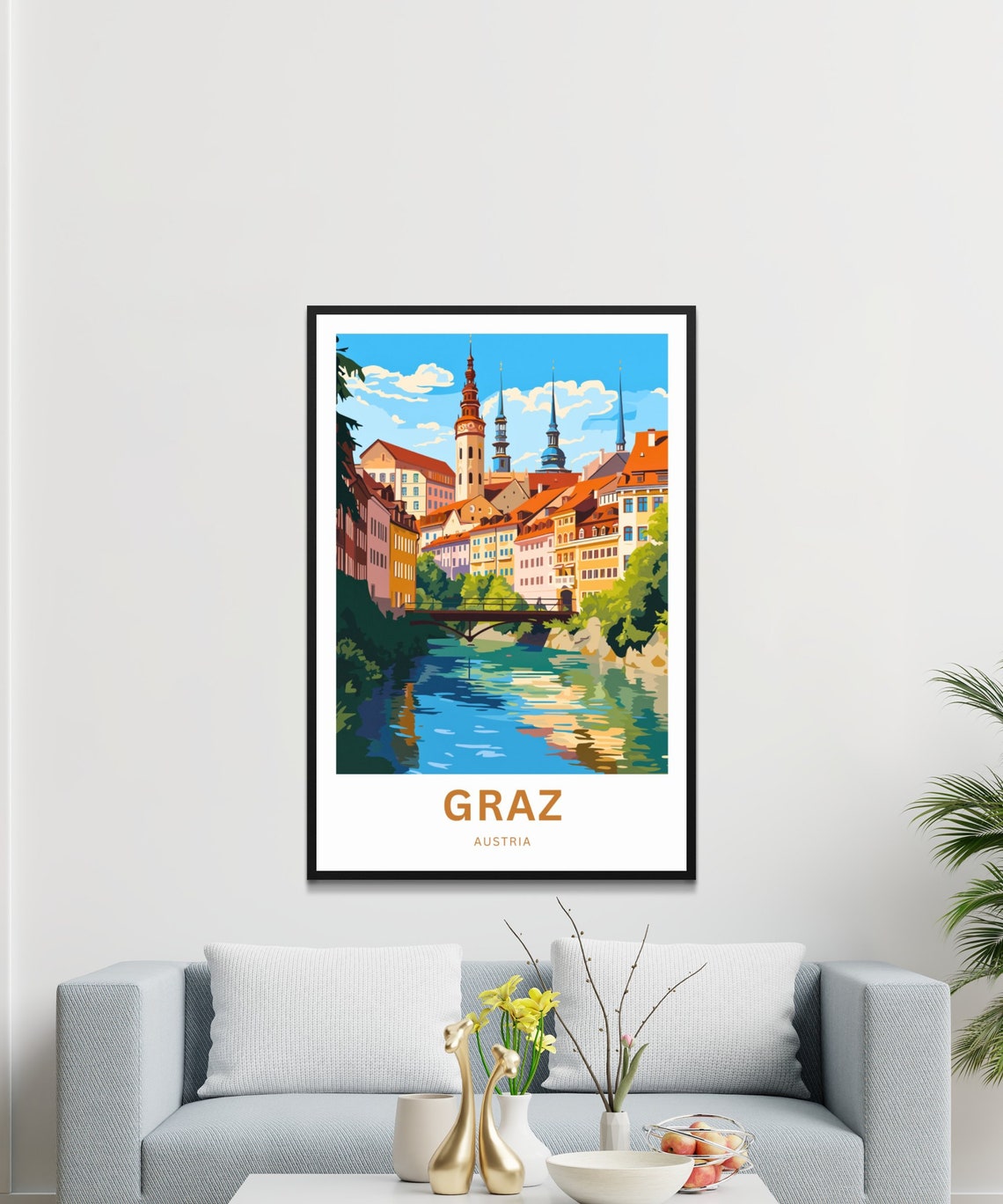 Graz Austria Riverfront Historic Buildings Bridge Custom Poster - Image 3