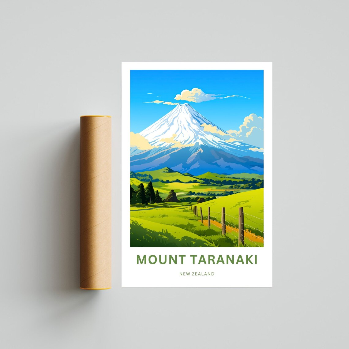 Mount Taranaki New Zealand Green Pastures Fence Snow Peak Poster - Image 2
