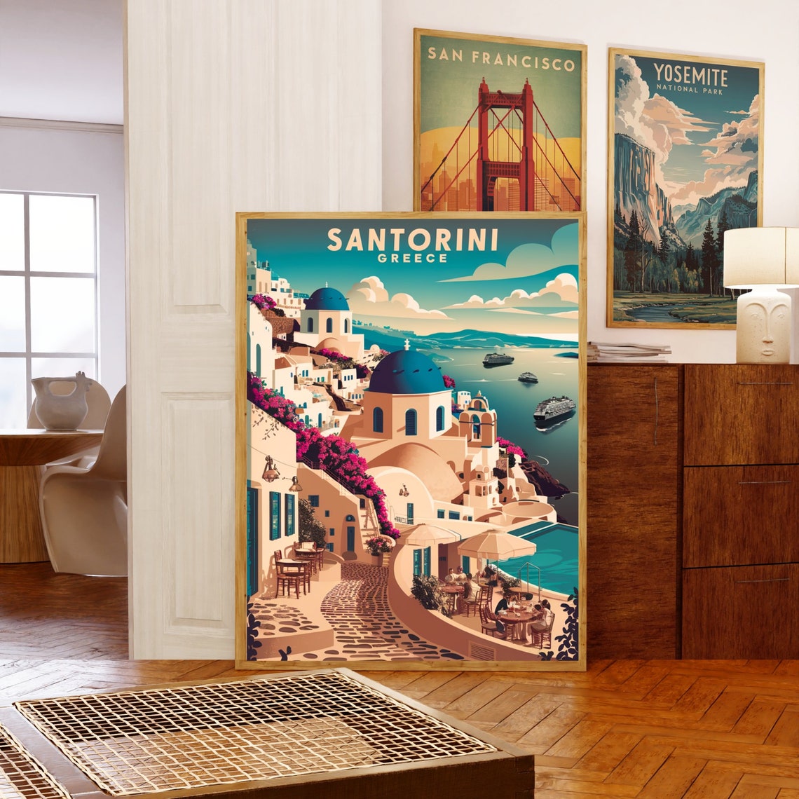 Santorini Greece Vintage Blue Domes Aegean Village Scenic Poster - Image 5