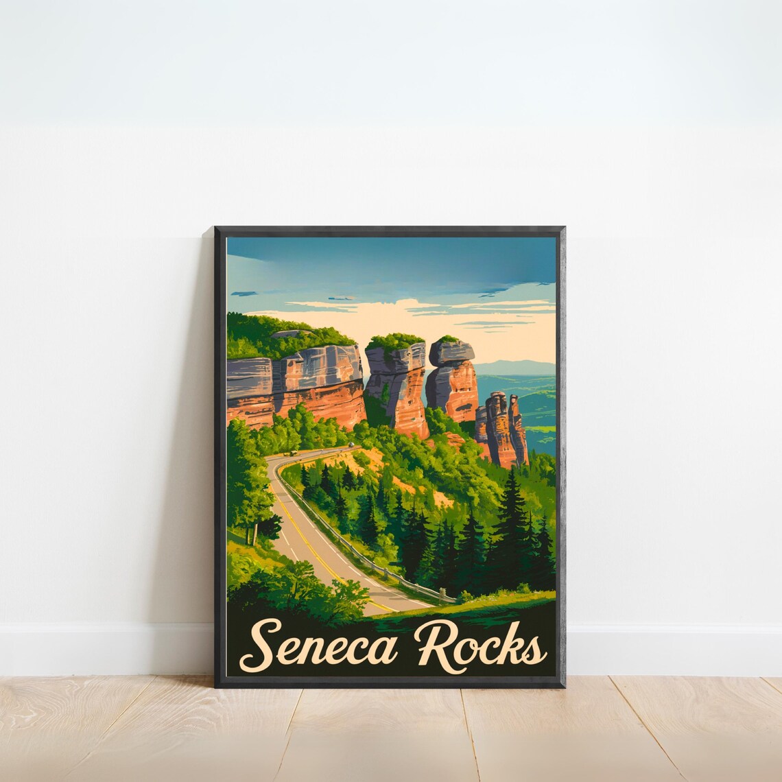 Seneca Rocks Vintage Travel Poster with Forest Road and Rock Pillars