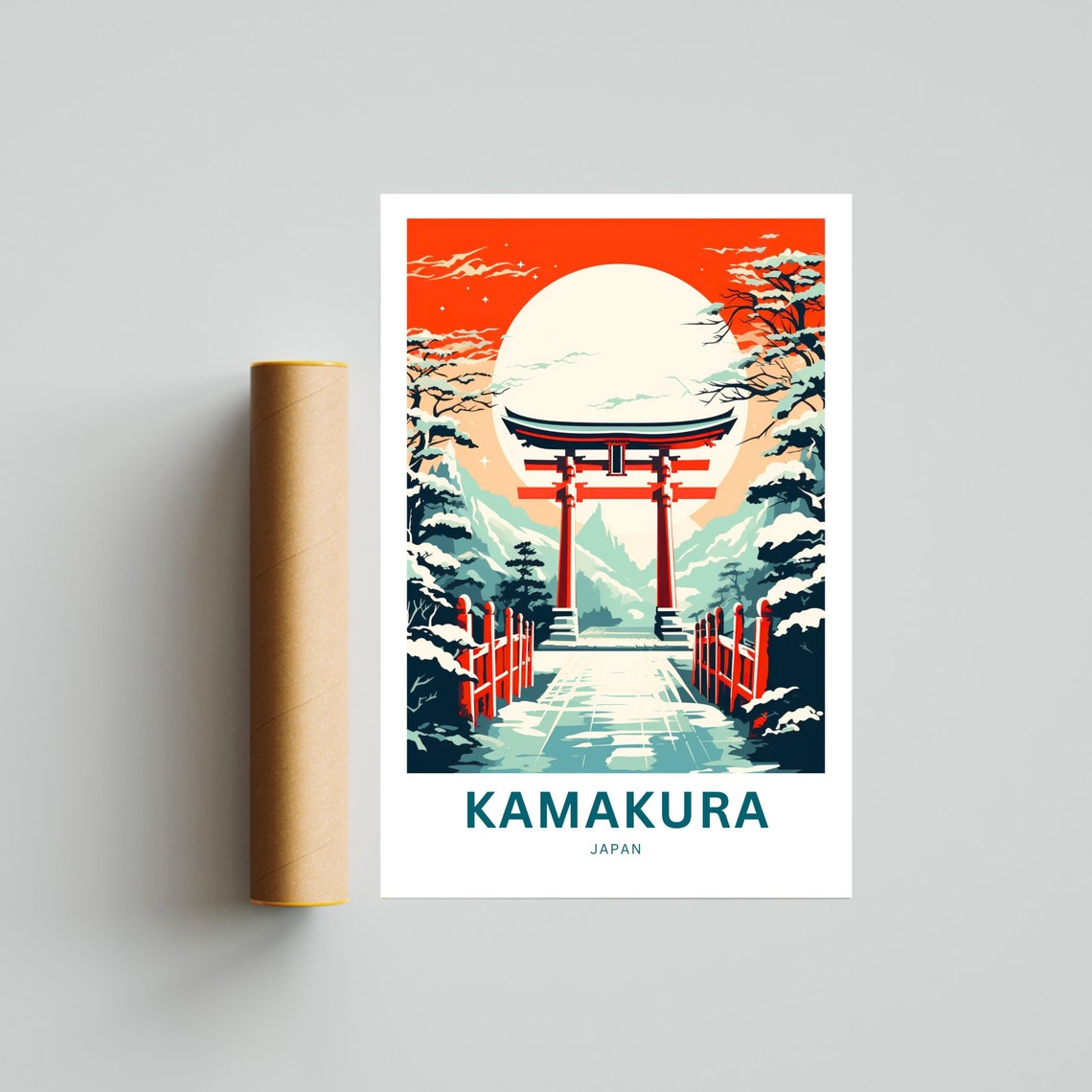 Kamakura Japan Snowy Torii Gate Moonlit Night Personalized Poster - Image 4