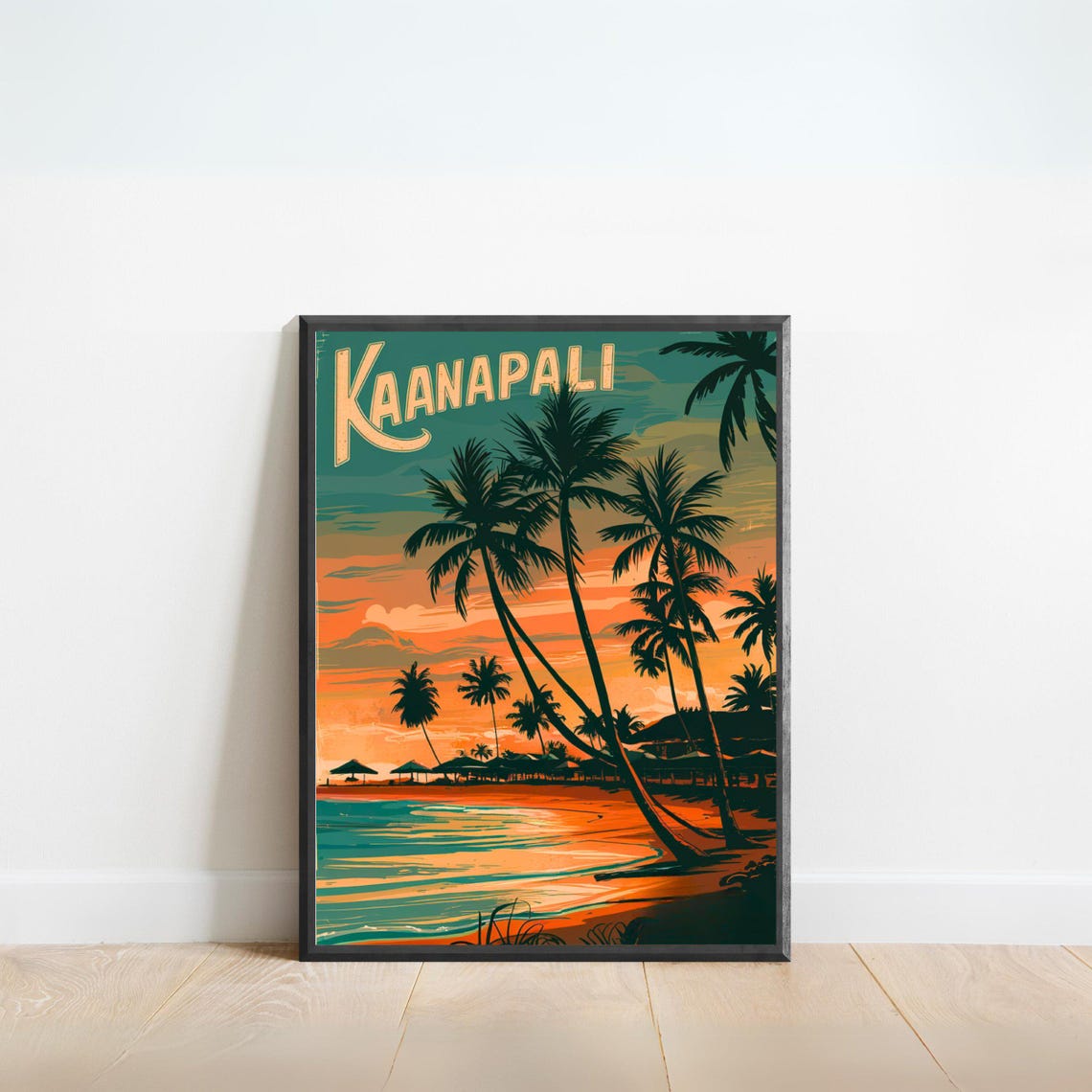 Kaanapali Hawaii Sunset Palm Silhouette Beach Vintage Poster