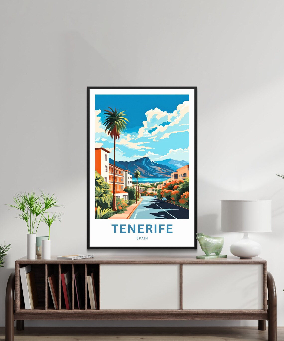 Tenerife Spain Palm Lined Street Mountain Coast Town Scene Poster - Image 2