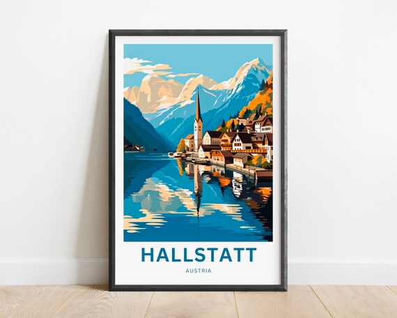 Hallstatt Austria Blue Mountain Lake Reflection Travel Poster
