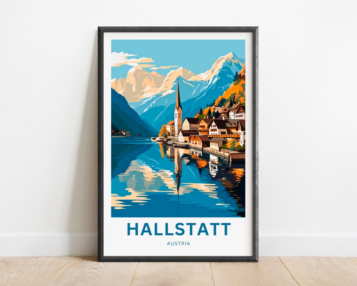 Hallstatt Austria Blue Mountain Lake Reflection Travel Poster