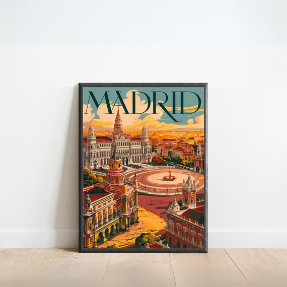 Madrid Vintage Retro Travel Poster Spain Cityscape Golden Sunset