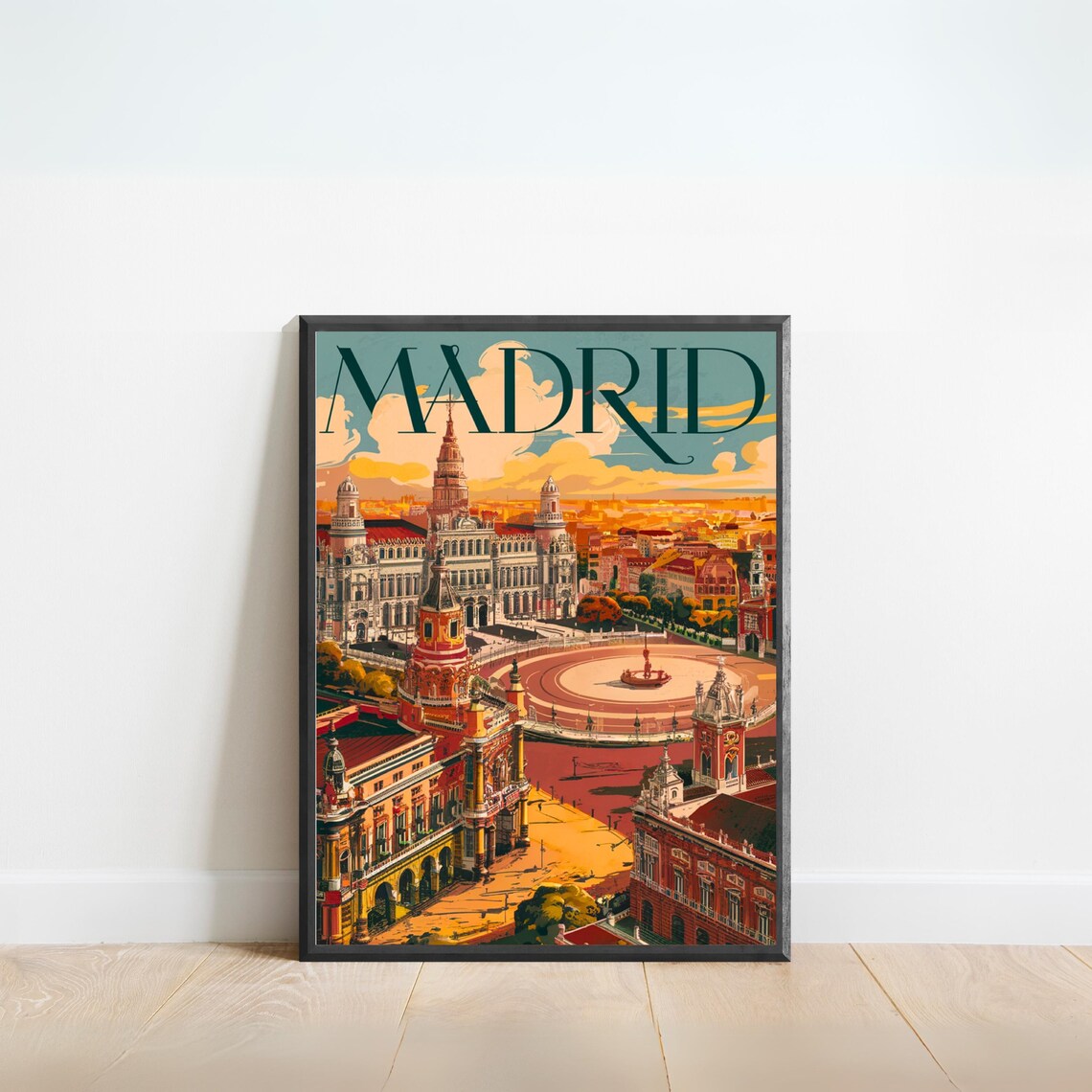 Madrid Vintage Retro Travel Poster Spain Cityscape Golden Sunset