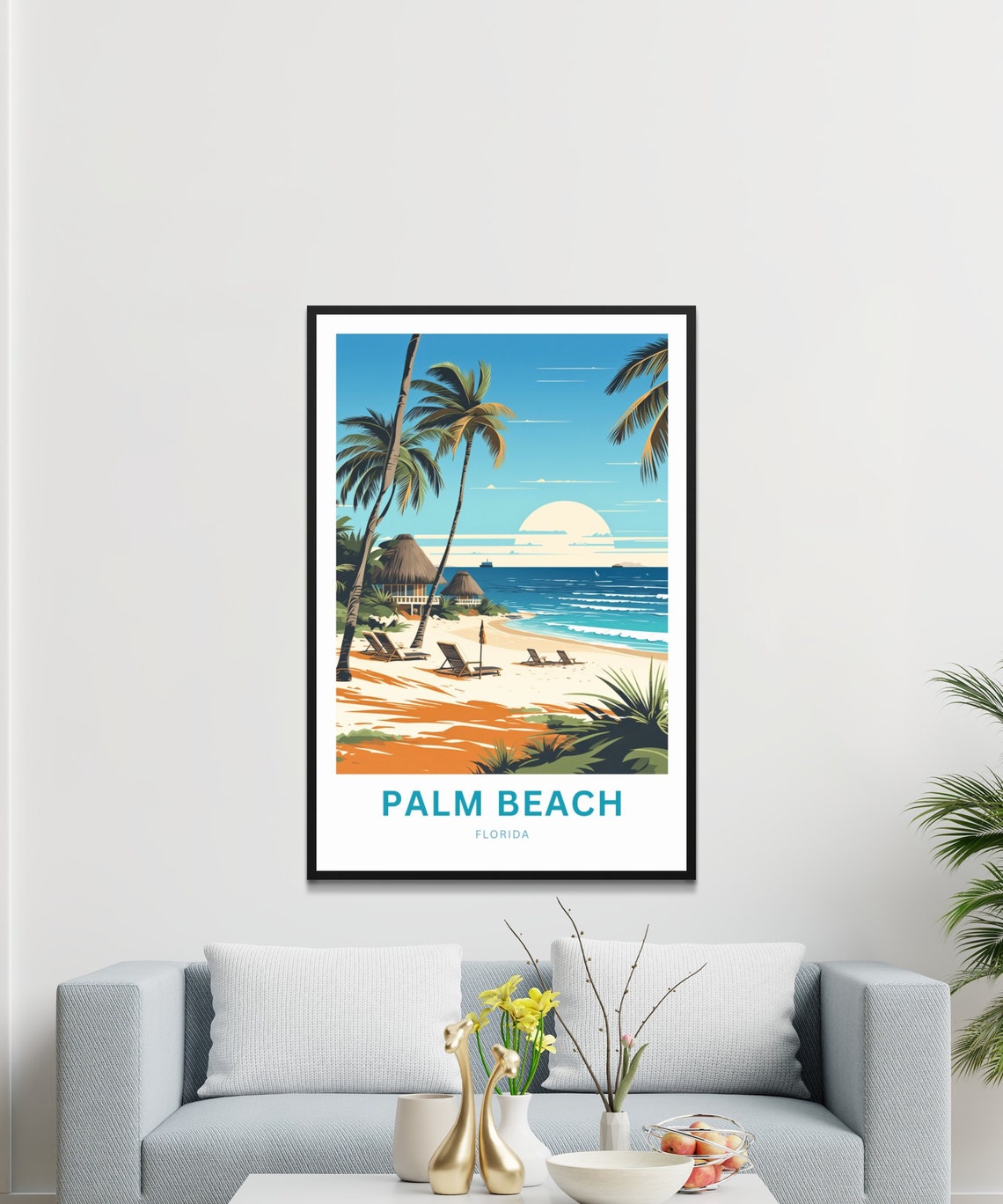 Palm Beach Florida Golden Sunset Beach Tiki Scene Art Poster - Image 3