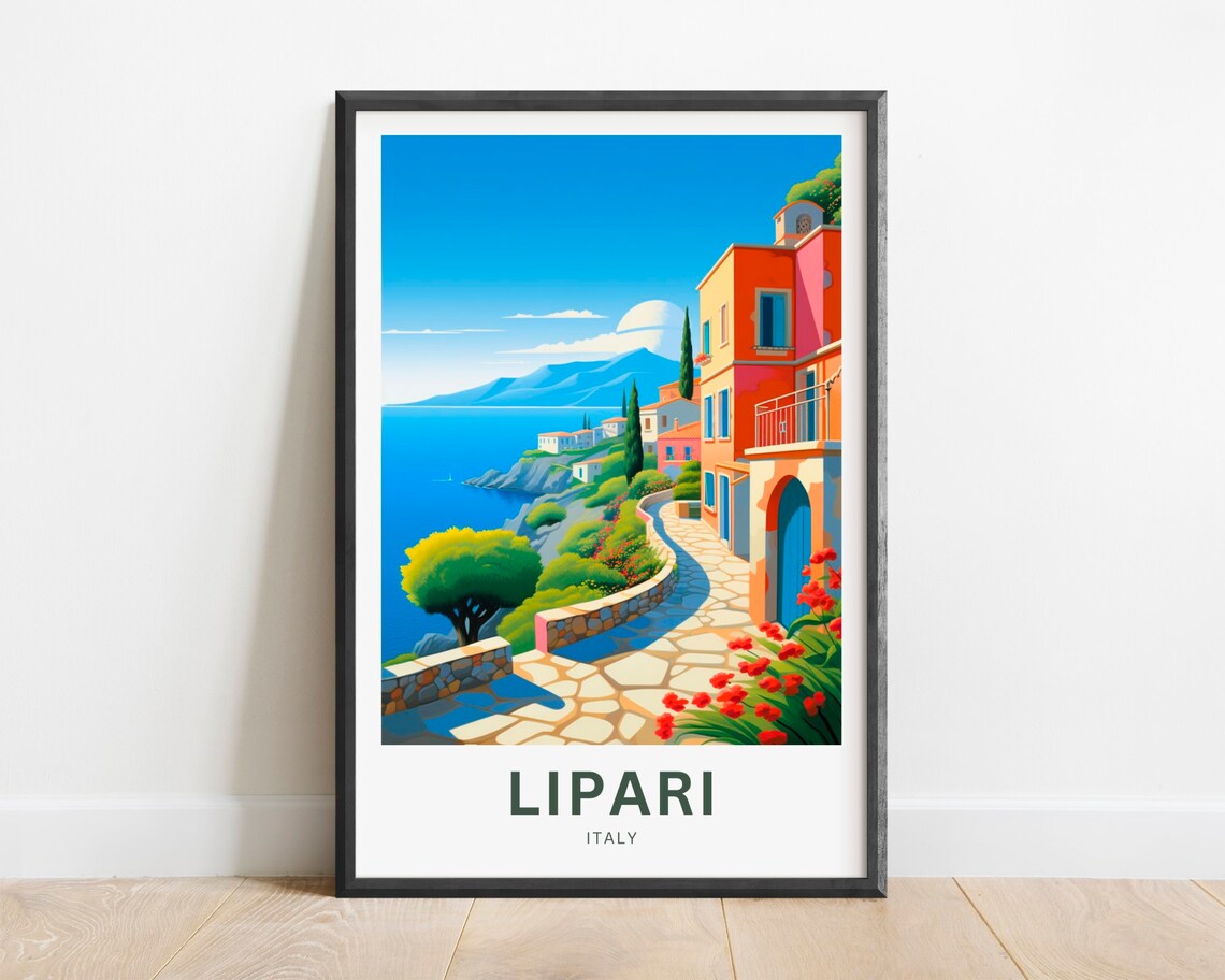 Lipari Italy Coastal Path Colorful Houses Illustrated Travel Poster
