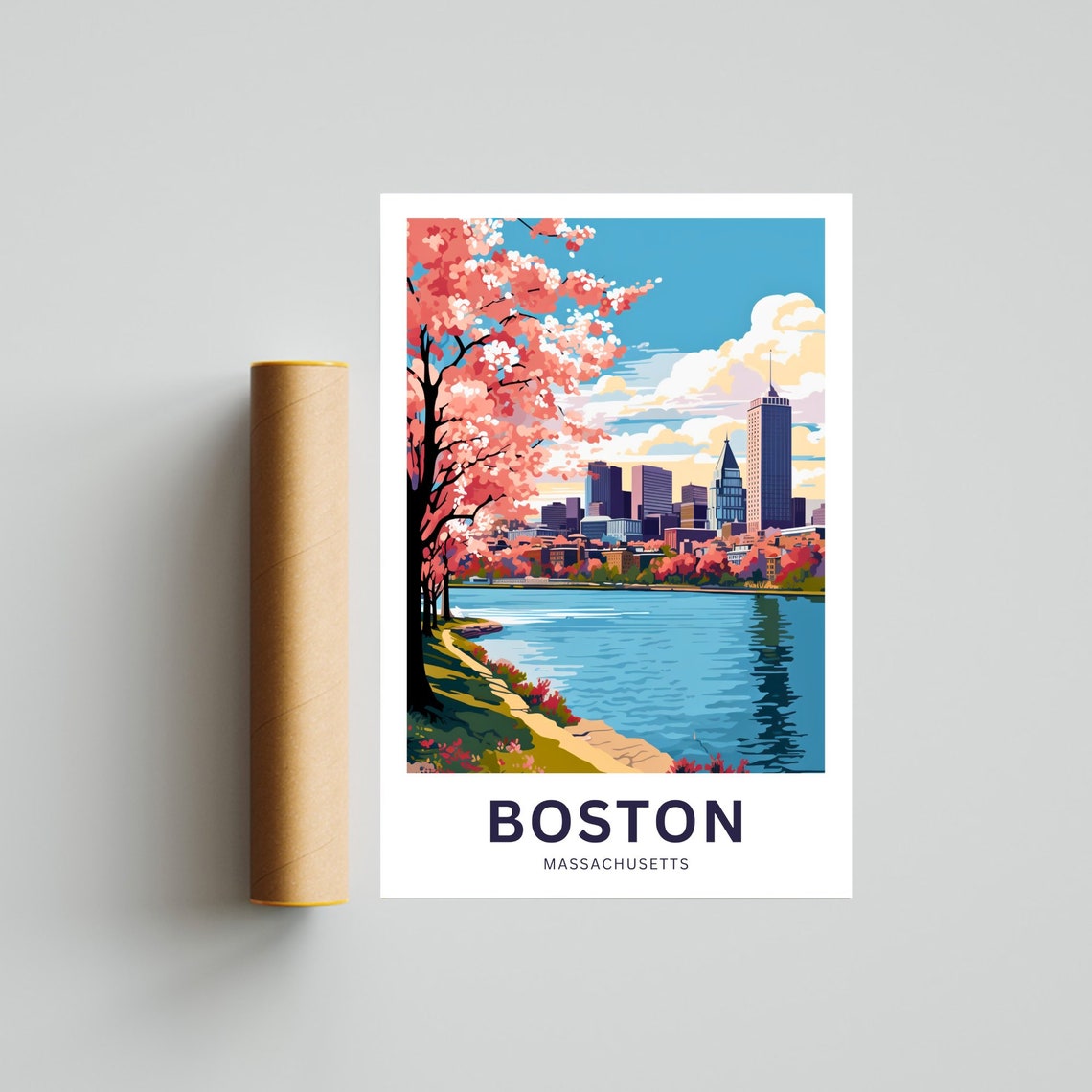 Boston Massachusetts Spring Cherry Blossom Skyline Travel Poster - Image 4