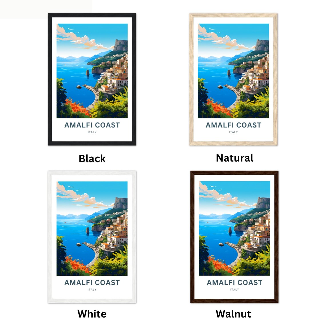 Amalfi Coast Italy Cliffside Village Boats Blue Bay Travel Poster - Image 2