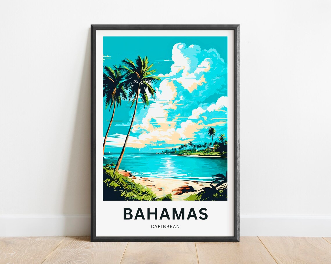 Bahamas Caribbean Palm Beach Turquoise Water Scene Travel Poster