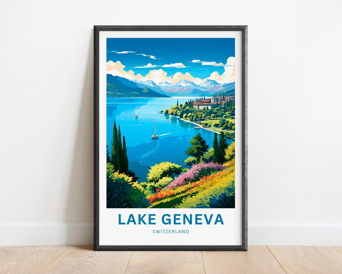 Lake Geneva Switzerland Sailing Bay Alpine View Travel Poster