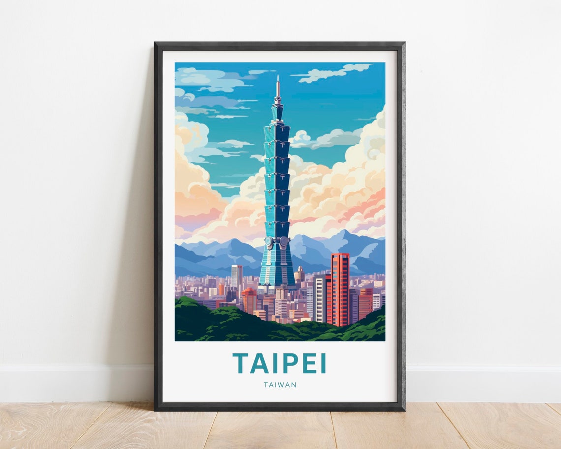 Taipei Taiwan Iconic 101 Skyscraper City Skyline Clouds Travel Poster